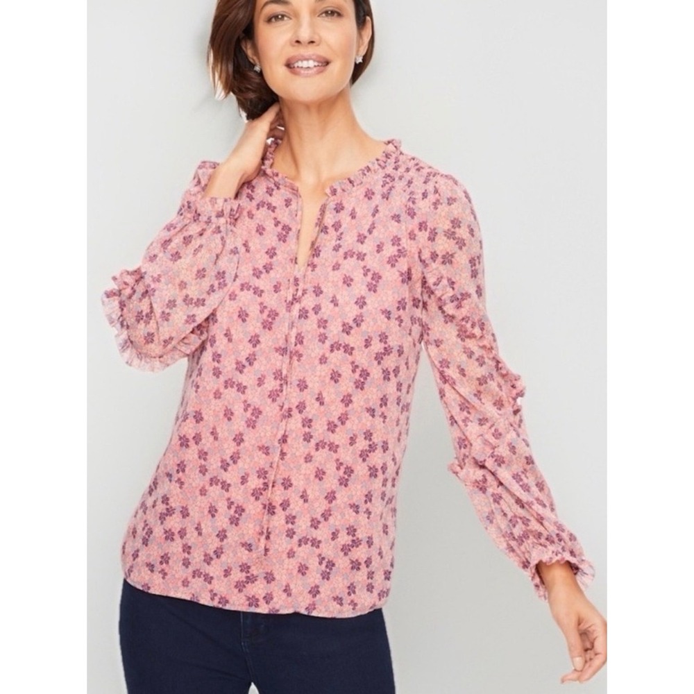 Talbots Floral Ruffle Sleeve Blouse LP Pink Tie Neck Top